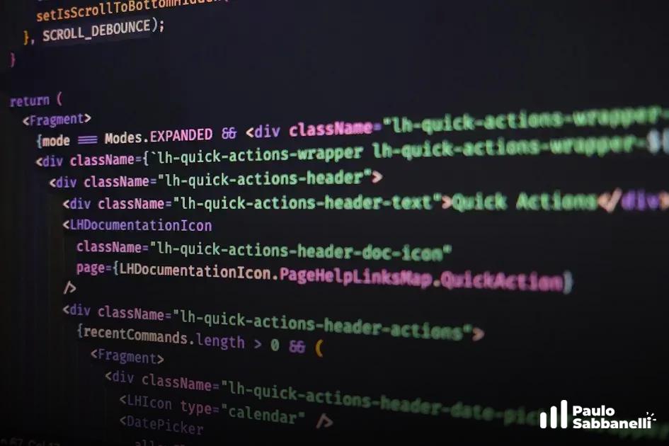 Código React em tela escura com classes de um menu de ações rápidas em roxo e rosa