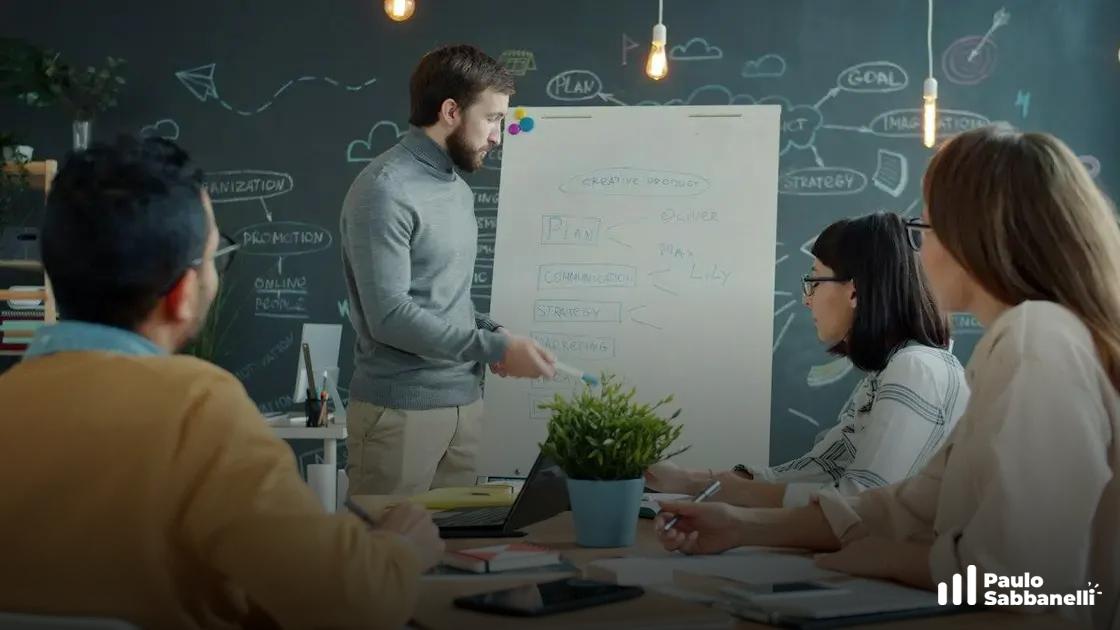 Homem explicando gráfico em flipchart para colegas sentados à mesa em reunião de equipe