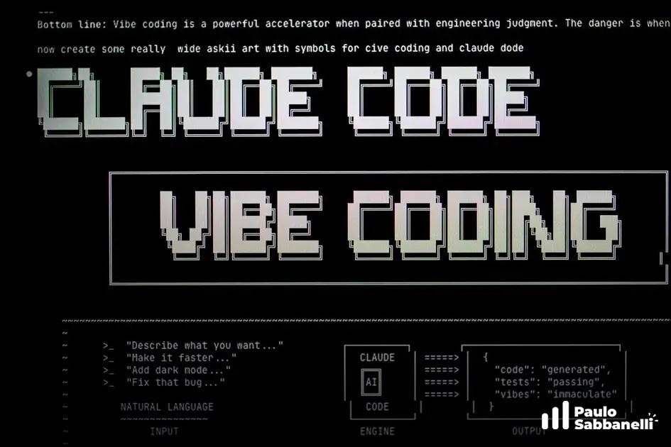 Arte em estilo ASCII com os dizeres Claude Code e Vibe Coding e diagrama de fluxo de geração de código