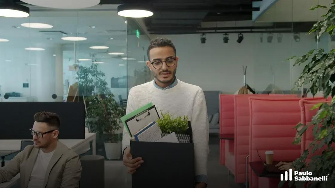 Homem caminhando por um escritório carregando uma caixa com pertences e uma planta