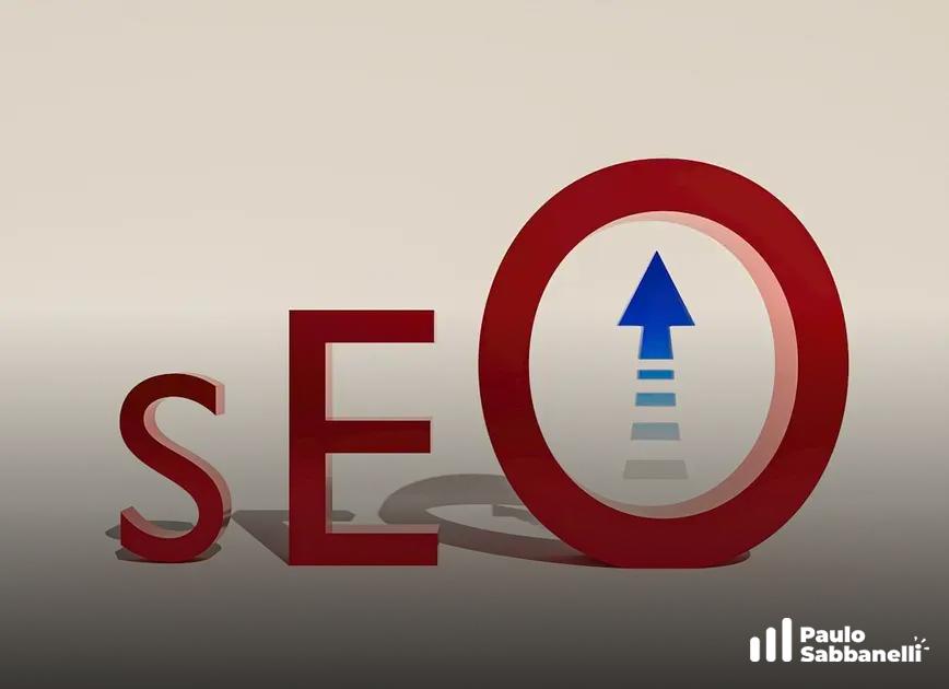Letras tridimensionais formando a palavra SEO, com uma seta azul apontando para cima
