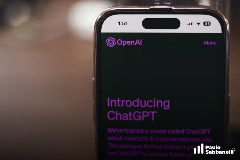 Tela de iPhone mostrando a página de anúncio Introducing ChatGPT da OpenAI