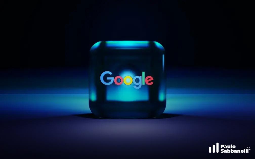 Ícone 3D translúcido com a marca Google iluminado por um brilho azul