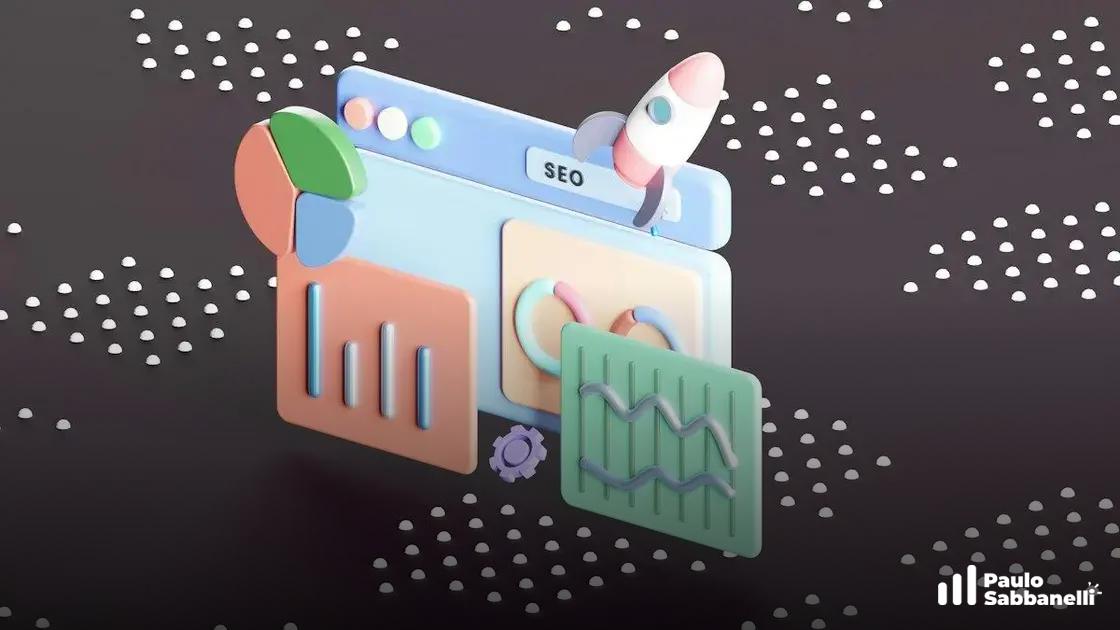 Ilustração 3D de janela de navegador com a palavra SEO, foguete e gráficos coloridos