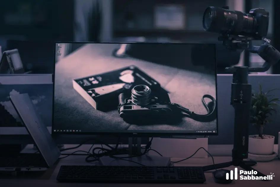 Monitor exibe foto still life de câmera vintage e fita cassete em tom sépia, com câmera profissional ao lado