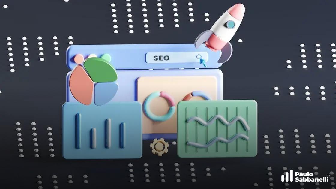 Ilustração 3D com painel de SEO, foguete e gráficos coloridos representando dados digitais