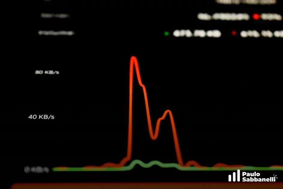Gráfico de tráfego de rede em tempo real com pico laranja sobre fundo escuro