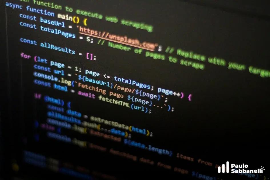 Código JavaScript de uma função assíncrona para raspagem de dados de páginas web, em tela escura