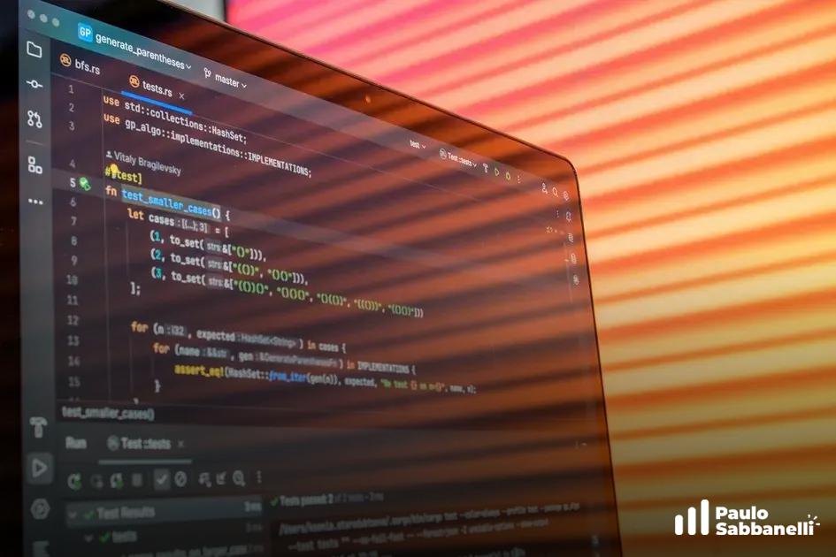Notebook em ângulo com fundo em gradiente colorido, tela mostrando testes de código em Rust