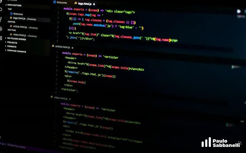 Editor de código mostrando módulos JavaScript para renderizar artigos e tags em HTML