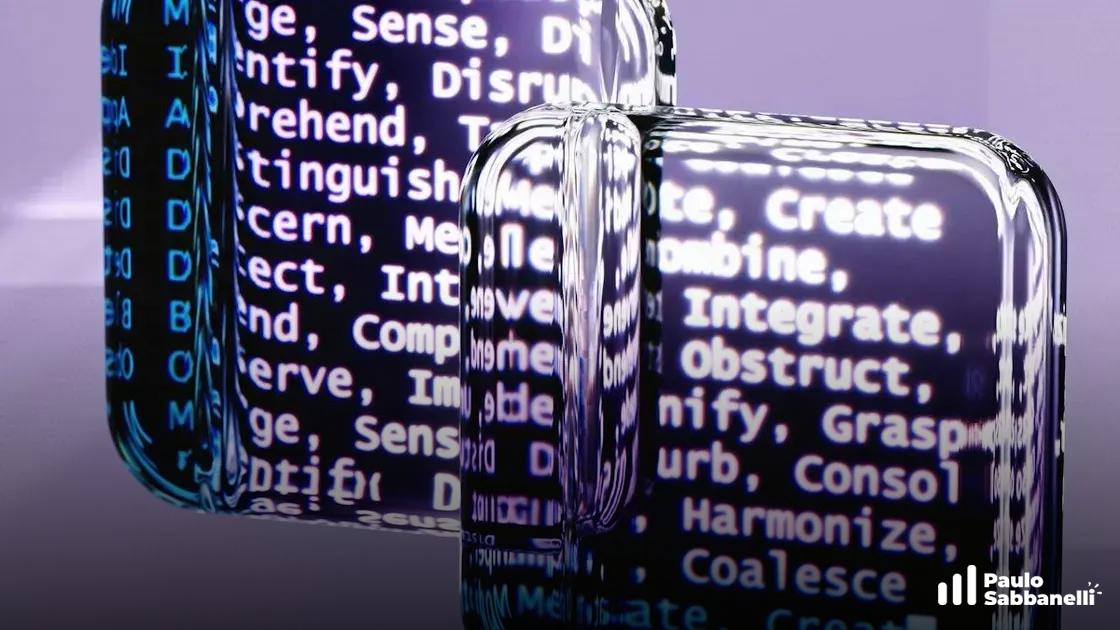 Renderização 3D de duas maletas pretas brilhantes refletindo palavras em inglês sobre fundo lilás