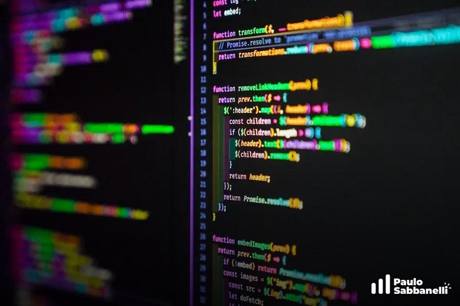 Close desfocado de código colorido em tela escura com funções JavaScript em verde e rosa