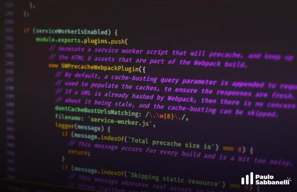 Tela escura com código de configuração de service worker em JavaScript, comentários em verde