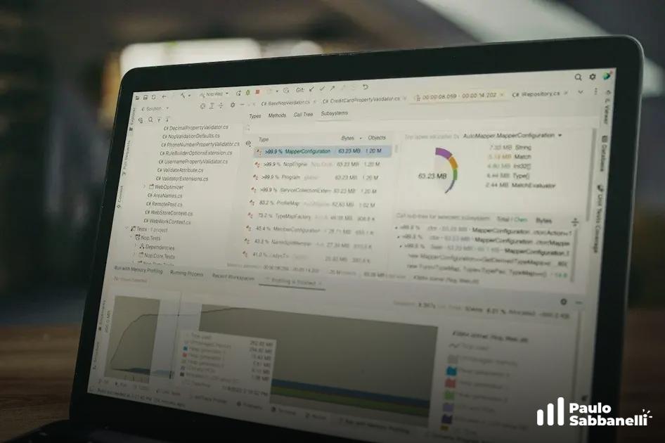 Notebook exibindo uma ferramenta de análise de desempenho com árvore de chamadas e gráfico