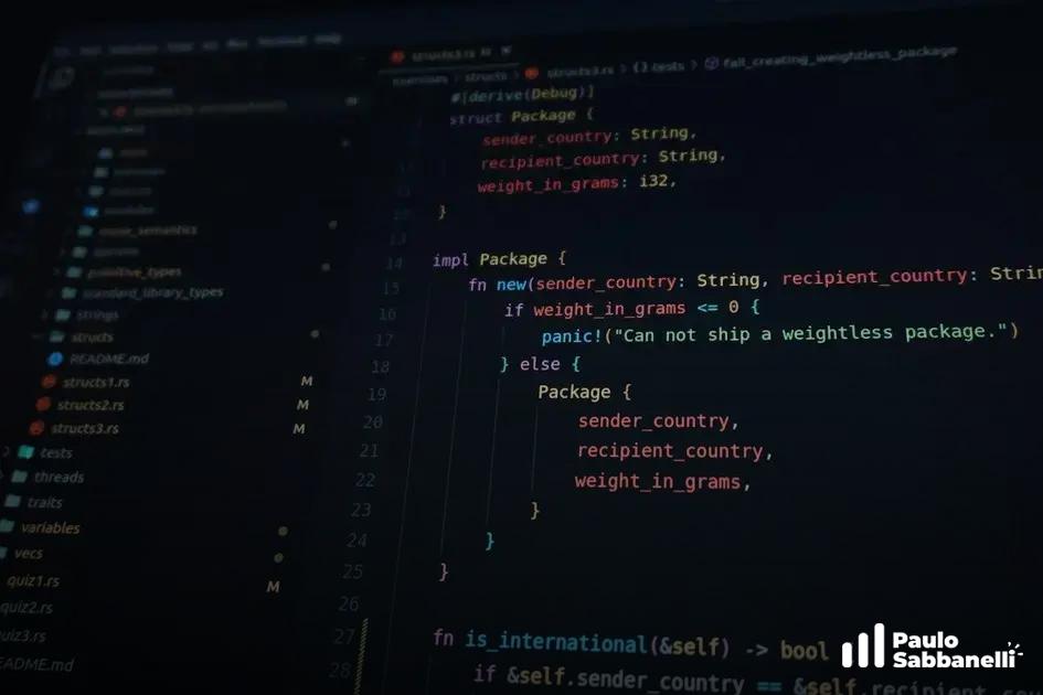 Tela de código Rust definindo estrutura de pacote com país de origem e destino