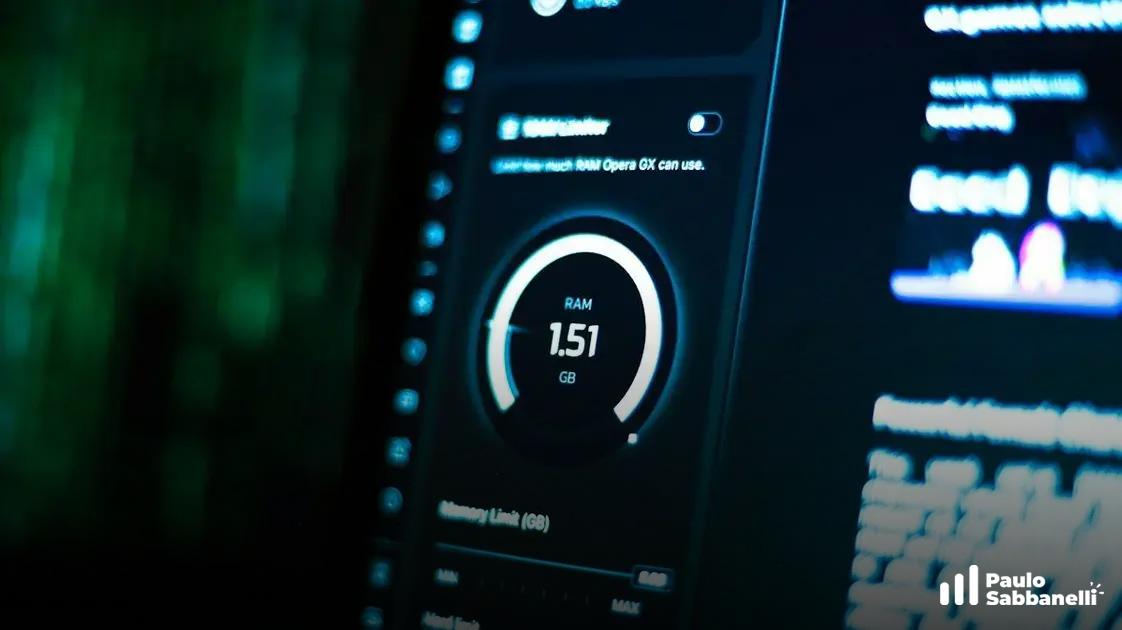 Tela de computador com painel escuro mostrando indicador circular de consumo em tempo real