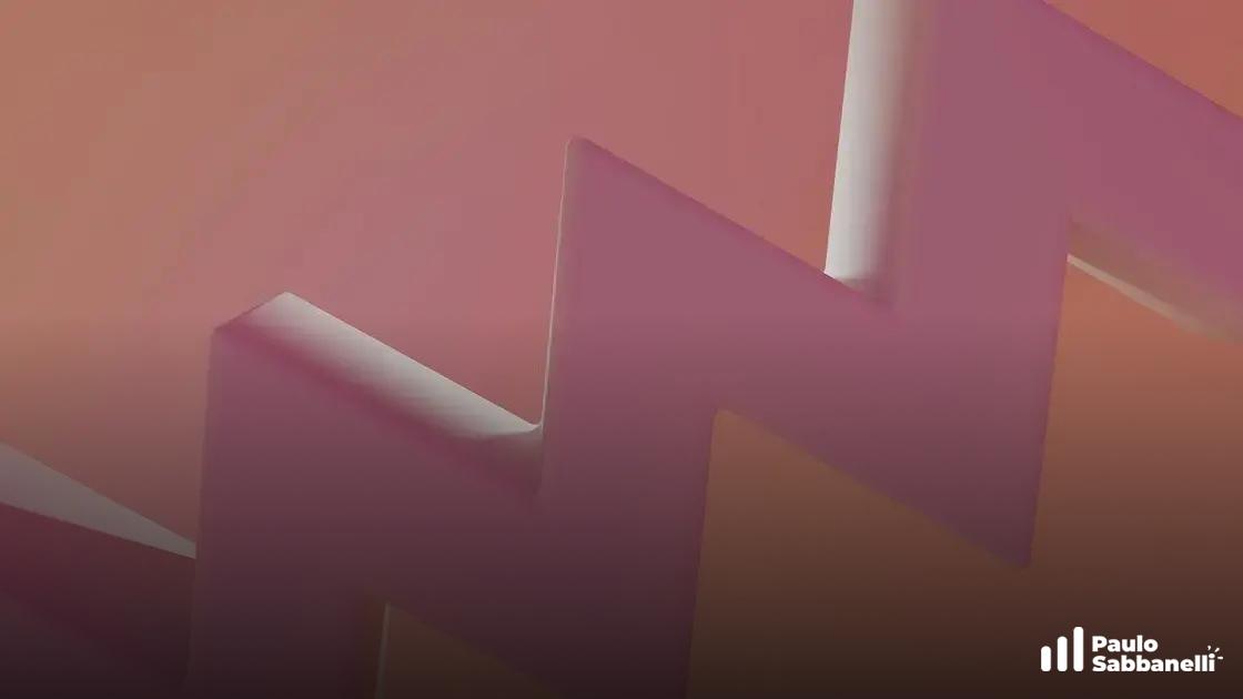 Ilustração 3D abstrata de linha em zigue-zague nas cores rosa e laranja, sugerindo oscilação de gráfico