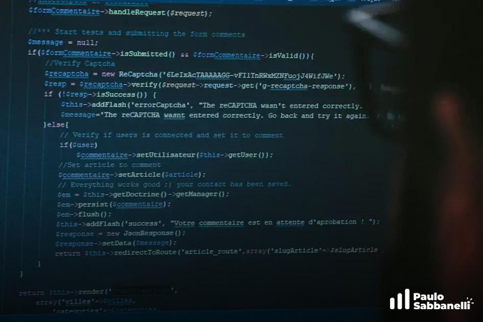 Trecho de PHP tratando envio de comentário e verificação de reCAPTCHA, com sombra de pessoa ao lado