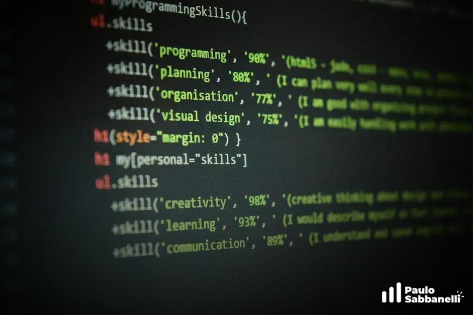 Código JavaScript listando habilidades como programação, planejamento e criatividade com percentuais