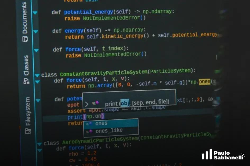 Editor Python exibindo classe de sistema de partículas com sugestões de autocomplete