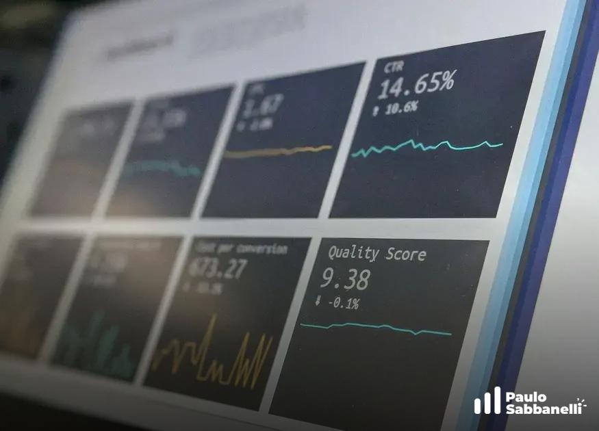 Painel de métricas de marketing com cartões de CTR, custo por conversão e quality score