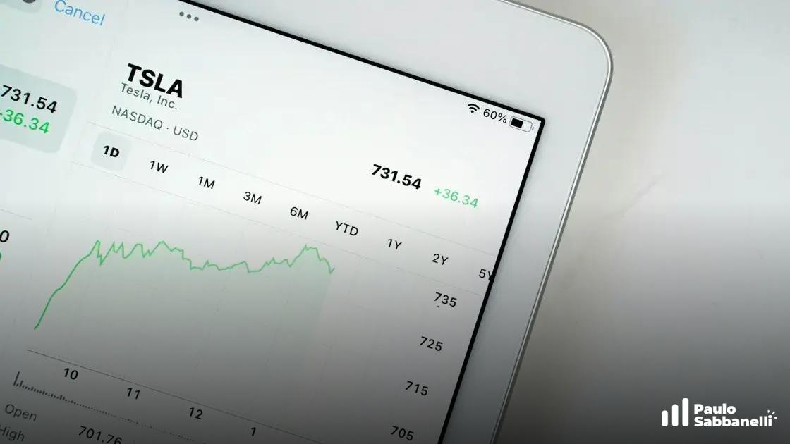 Tablet exibindo gráfico de ações da Tesla em alta, com cotação e variação percentual
