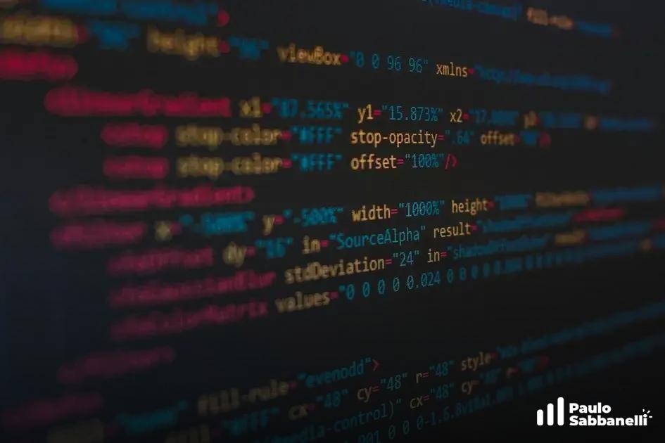 Código desfocado com gradiente SVG e filtro de desfoque gaussiano em tons de azul e vermelho