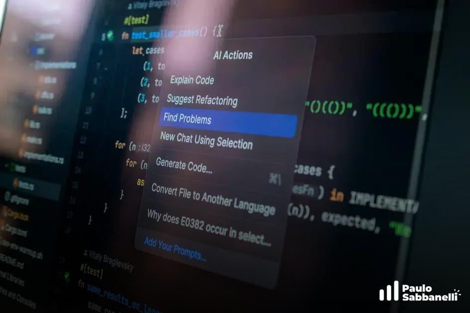 Tela de editor com menu de ações de IA para código, destacando a opção de encontrar problemas