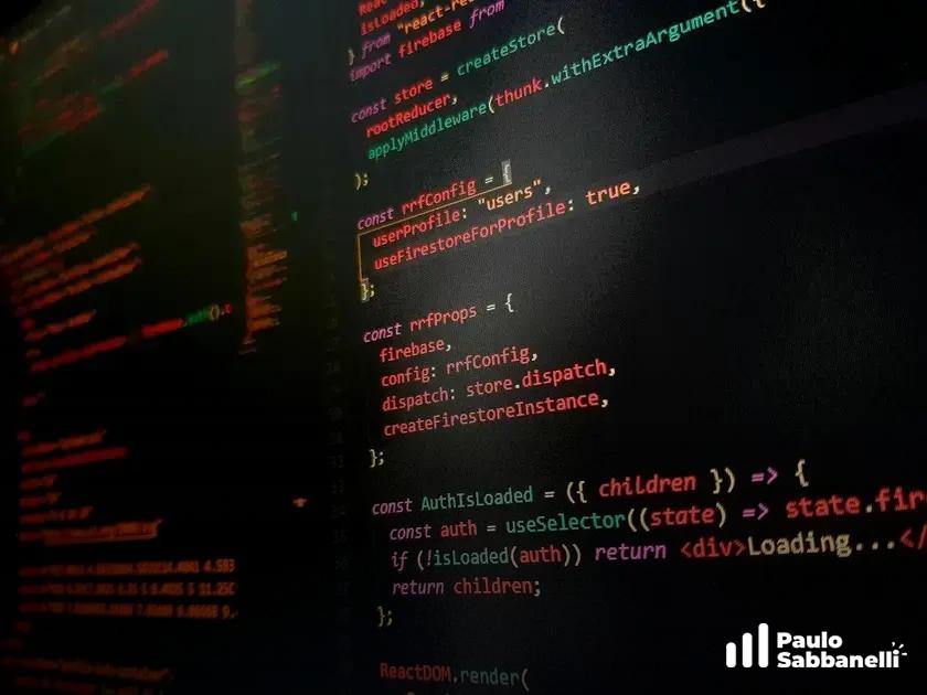 Código em vermelho e azul de configuração Redux com store, reducers e autenticação Firebase