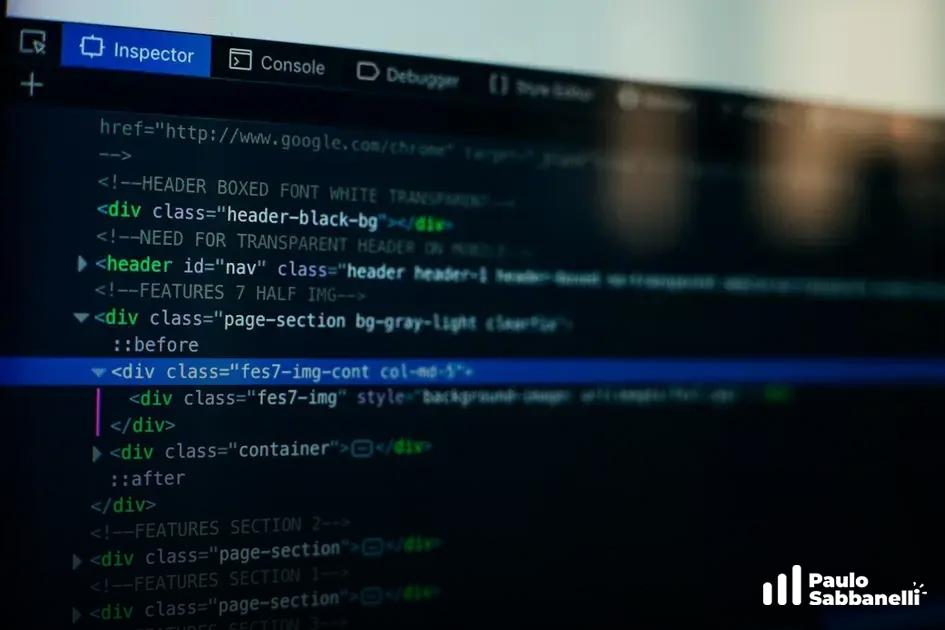 Ferramenta de inspeção do navegador aberta mostrando código HTML de uma seção de cabeçalho